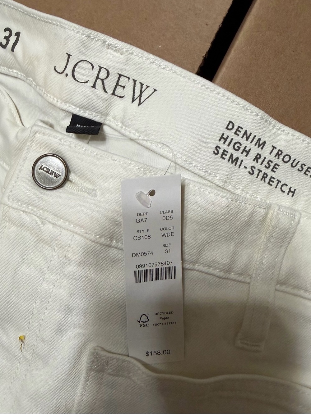 J. Crew White High-Rise Denim Trousers